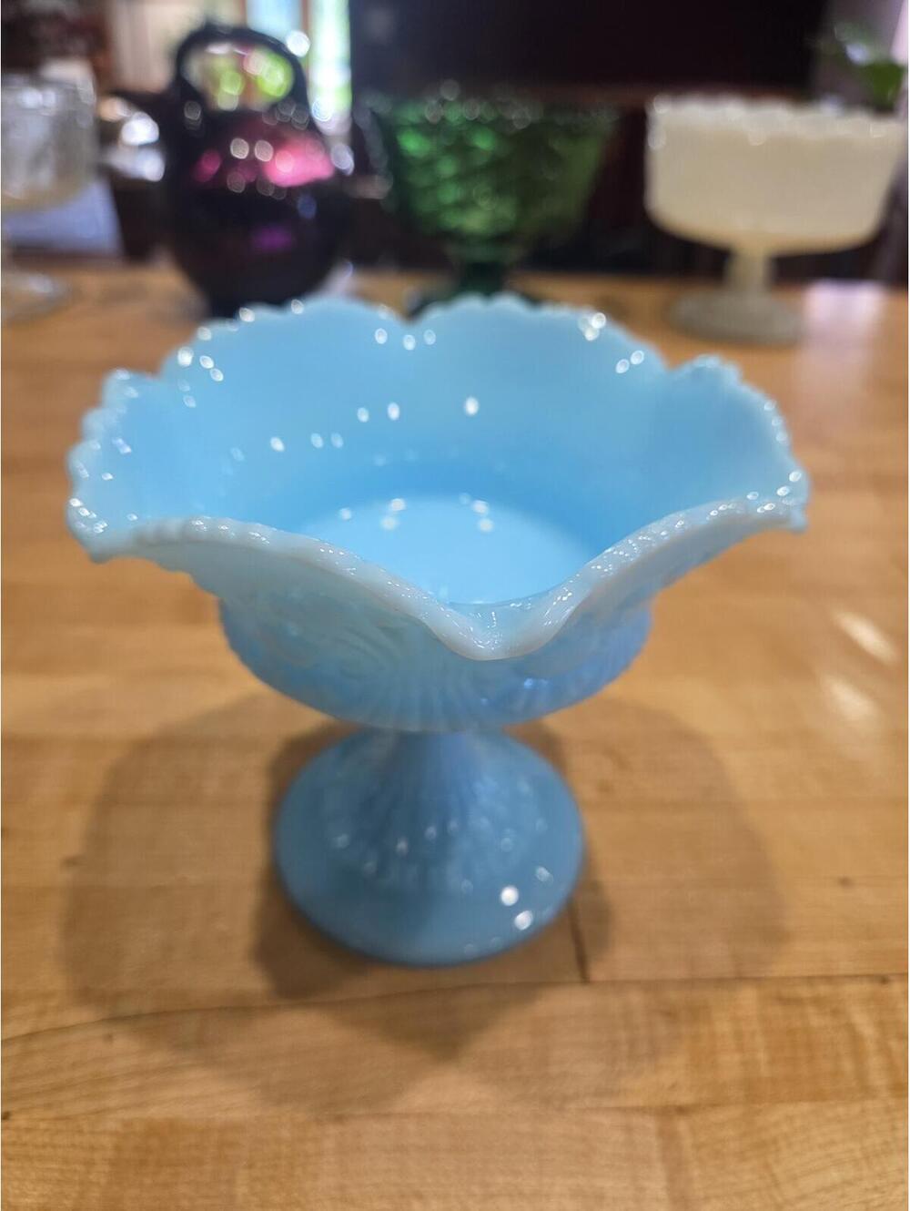 Vintage Fenton Blue Milk Glass Pedestal Compote Ruffled Candy Bowl 1960s